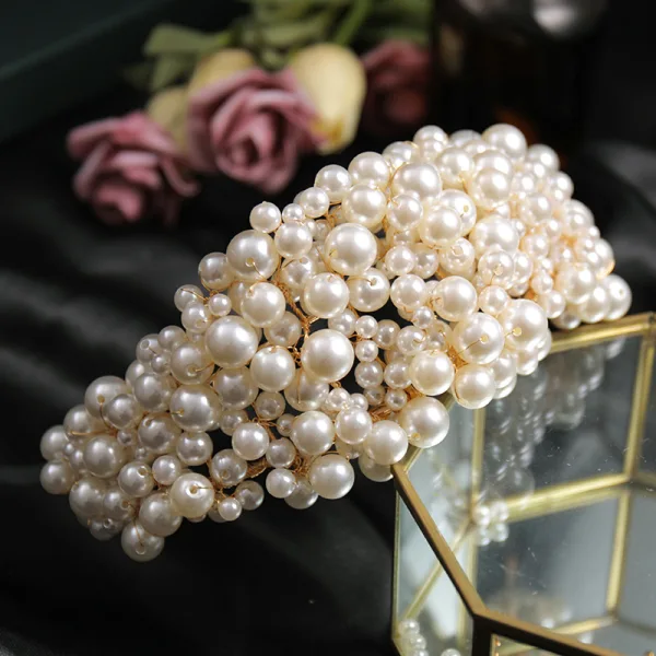 Vintage / Retro Beige Braid Pearl Bridal Hair Accessories 2023 Alloy Wedding Tiara