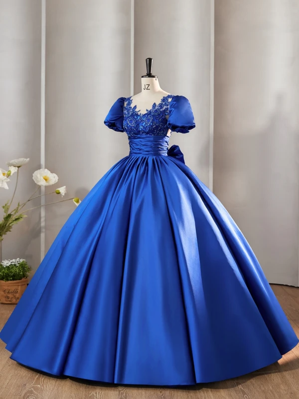 Vintage / Retro Royal Blue Prom Dresses 2024 Beading Sequins Lace Flower Satin Ball Gown Scoop Neck Short Sleeve Bow Formal Dresses