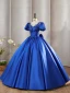 Vintage / Retro Royal Blue Prom Dresses 2024 Beading Sequins Lace Flower Satin Ball Gown Scoop Neck Short Sleeve Bow Formal Dresses