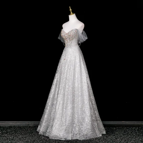 Charmant Glitzernden Silber Strass Pailletten Ballkleider 2025 A Linie Off Shoulder Kurze Ärmel Rückenfreies Lange Festliche Kleider