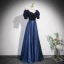 Vintage / Retro Navy Blue Sequins Satin Prom Dresses 2023 A-Line / Princess Square Neckline Short Sleeve Backless Floor-Length / Long Formal Dresses