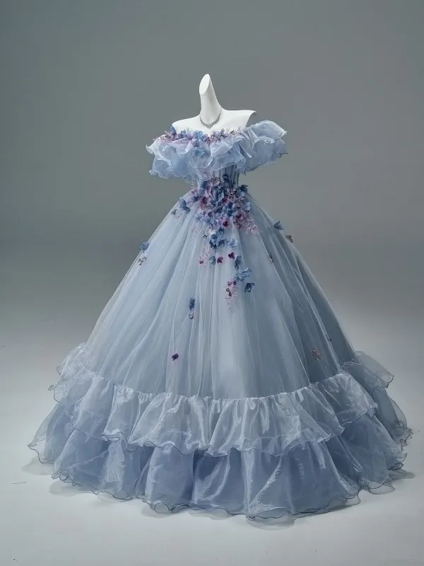 Elegant Sky Blue Appliques Prom Dresses 2026 Ball Gown Off-The-Shoulder Short Sleeve Backless Floor-Length / Long Formal Dresses