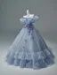 Elegant Sky Blue Appliques Prom Dresses 2026 Ball Gown Off-The-Shoulder Short Sleeve Backless Floor-Length / Long Formal Dresses