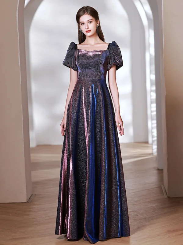 Chic / Beautiful Navy Blue Glitter Evening Dresses 2023 A-Line / Princess Off-The-Shoulder Short Sleeve Backless Floor-Length / Long Evening Party Formal Dresses