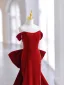 Sexy Burgundy Rhinestone Velvet Evening Dresses 2023 Trumpet / Mermaid Off-The-Shoulder Sleeveless Backless Bow Sweep Train Evening Party Formal Dresses