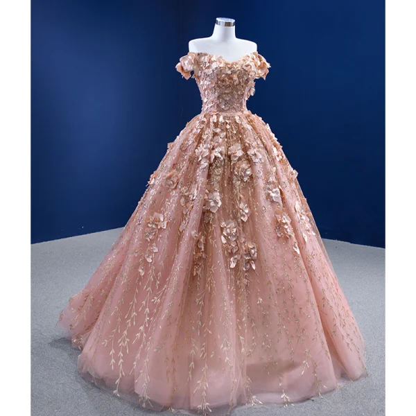 Luxury / Gorgeous Dusky Pink Appliques Wedding Dresses 2022 Ball Gown With Cloak Off-The-Shoulder Pearl Sequins Short Sleeve Backless Floor-Length / Long Wedding