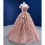 Luxury / Gorgeous Dusky Pink Appliques Wedding Dresses 2022 Ball Gown With Cloak Off-The-Shoulder Pearl Sequins Short Sleeve Backless Floor-Length / Long Wedding