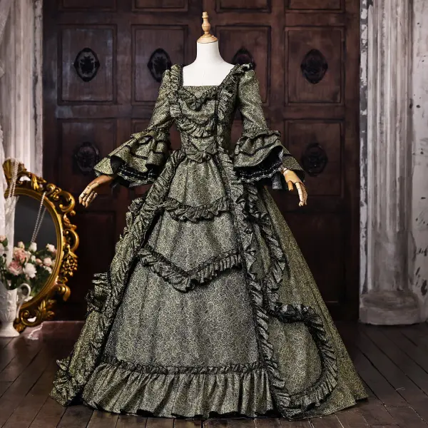 Vintage / Retro Medieval Dark Green Prom Dresses 2026 Ball Gown Square Neckline Bell sleeves Floor-Length / Long Formal Dresses