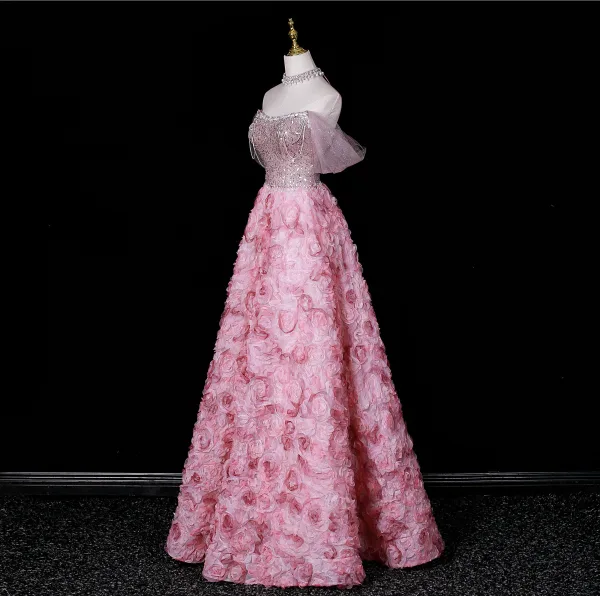 Flower Fairy Blushing Pink Beading Sequins Pearl Rhinestone Appliques Prom Dresses 2026 A-Line / Princess Off-The-Shoulder Short Sleeve Backless Floor-Length / Long Formal Dresses