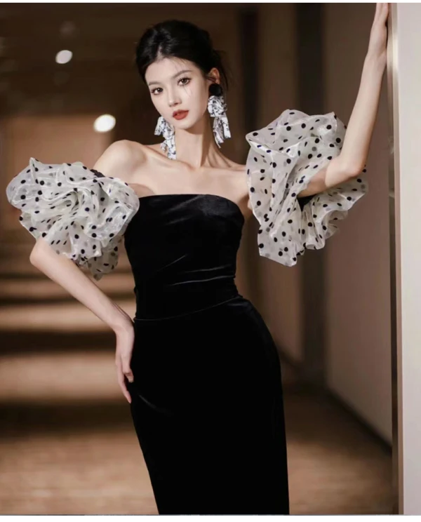 Sexy Black Velvet Spotted Evening Dresses 2024 Trumpet / Mermaid Off-The-Shoulder Short Sleeve Backless Floor-Length / Long Formal Dresses