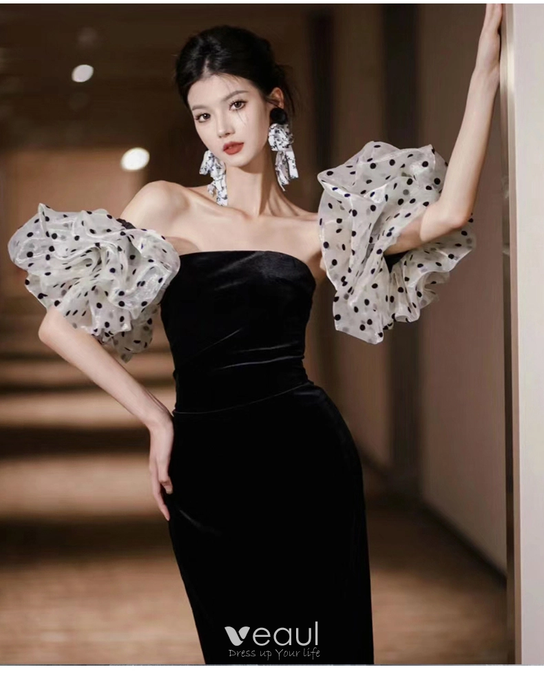 Sexy Black Velvet Spotted Evening Dresses 2024 Trumpet Mermaid Off-The-Shoulder Short