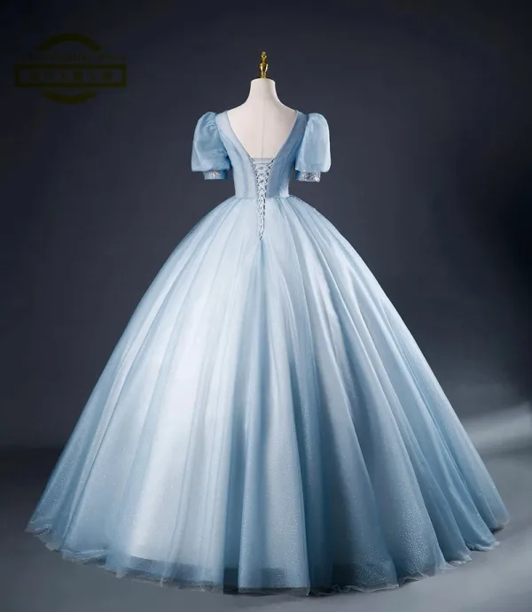 Elegant Sky Blue Beading Sequins Ball Gown Prom Dresses 2023 V-Neck Short Sleeve Backless Floor-Length / Long Prom Formal Dresses