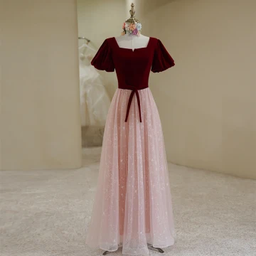 Elegant Burgundy Suede Prom Dresses 2022 A Line Princess Square Neckline Puffy Short Sleeve Bow Sash Backless Prom Floor Length Long Formal Dresses