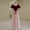Elegant Burgundy Suede Prom Dresses 2022 A-Line / Princess Square Neckline Puffy Short Sleeve Bow Sash Backless Prom Floor-Length / Long Formal Dresses