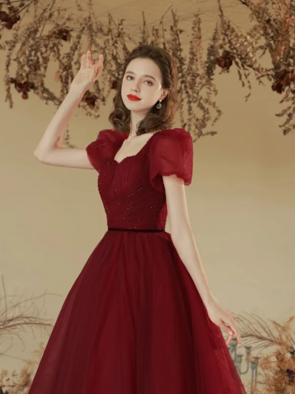 Modest / Simple Burgundy Beading Formal Dresses 2022 A-Line / Princess Square Neckline Puffy Short Sleeve Backless Floor-Length / Long Prom Prom Dresses
