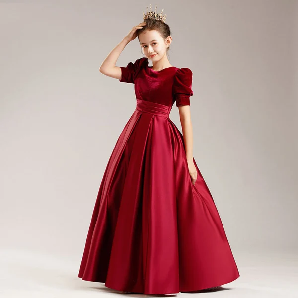 Vintage / Retro Satin Black Birthday Prom Flower Girl Dresses 2022 A-Line / Princess Scoop Neck Short Sleeve Floor-Length / Long Flower Girl Dresses