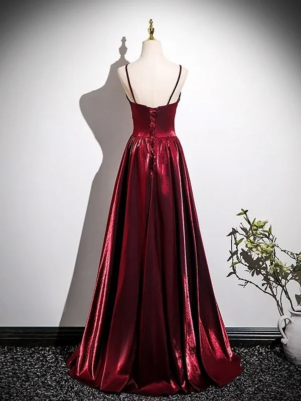 Vintage / Retro Burgundy Evening Dresses 2026 A-Line / Princess Spaghetti  Straps Sleeveless Backless Floor-Length / Long Formal Dresses