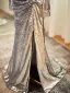 Glitzernden Silber Pailletten Gespaltete Front Ballkleider 2024 Meerjungfrau Off Shoulder Lange Ärmel Rückenfreies Sweep / Pinsel Zug Ball Festliche Kleider