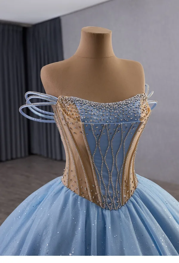 High-end Fashion Sky Blue Cascading Ruffles Sequins Rhinestone Prom Dresses 2025 Ball Gown Strapless Sleeveless Backless Court Train Formal Dresses