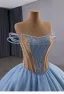 High-end Fashion Sky Blue Cascading Ruffles Sequins Rhinestone Prom Dresses 2025 Ball Gown Strapless Sleeveless Backless Court Train Formal Dresses