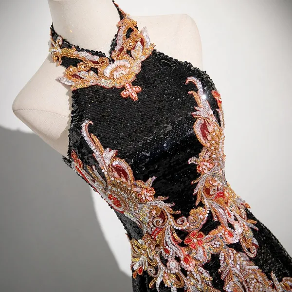 Sparkly Black Beading Sequins Prom Dresses 2025 A-Line / Princess High Neck Sleeveless Floor-Length / Long Prom Formal Dresses