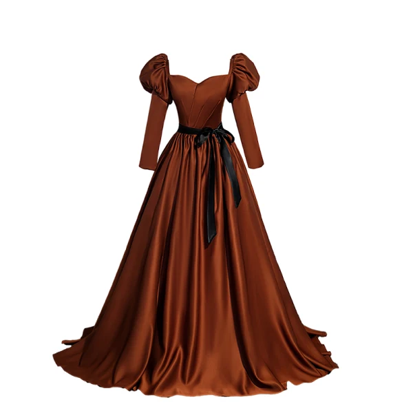 Vintage / Originale Marron Satin Robe De Bal 2023 Robe Boule Encolure Carrée 3/4 Manches Dos Nu Noeud Ceinture Train De Balayage Promo Robe De Ceremonie