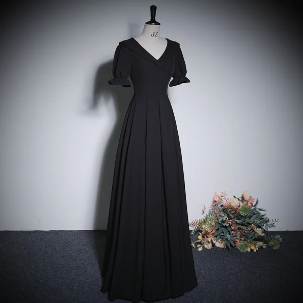 Chic / Belle Noire Robe De Soirée 2023 Princesse V-Cou Manches Courtes Longue Soirée Robe De Ceremonie