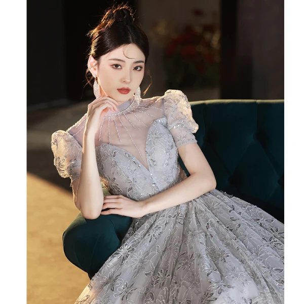 Elegant Grey Beading Sequins Prom Dresses 2024 Backless A-Line / Princess High Neck Short Sleeve Floor-Length / Long Prom Formal Dresses