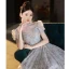 Elegant Grey Beading Sequins Prom Dresses 2024 Backless A-Line / Princess High Neck Short Sleeve Floor-Length / Long Prom Formal Dresses