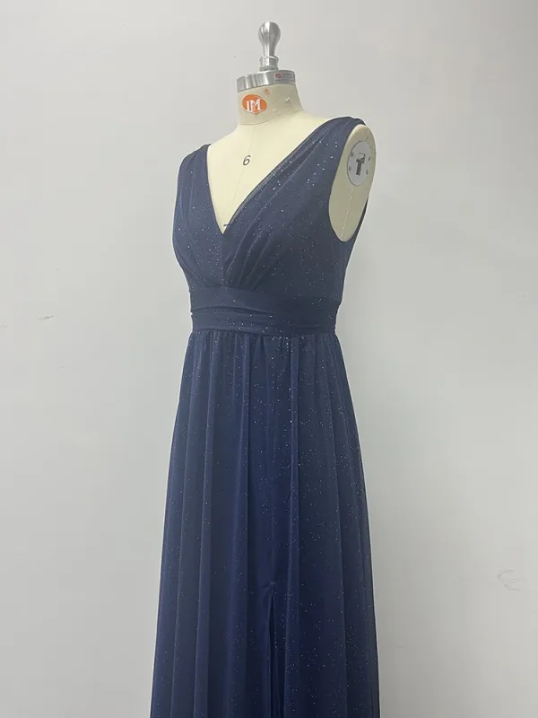 Simple Bleu Marine Fendue devant Robe De Bal 2024 Princesse Chiffon V-Cou Sans Manches Dos Nu Longue Promo Robe De Ceremonie