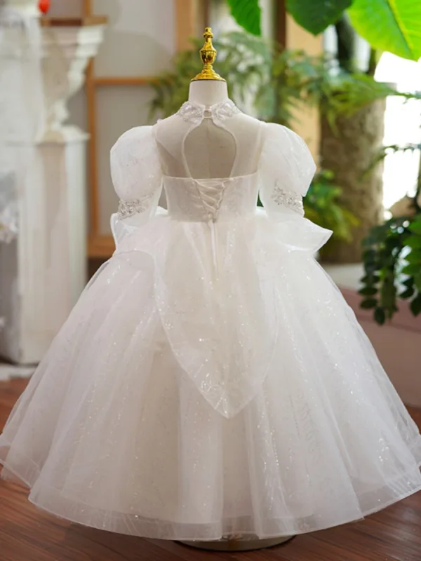 Charming White Beading Pearl Sequins Birthday Flower Girl Dresses 2023 Ball Gown High Neck Puffy Short Sleeve Backless Floor-Length / Long