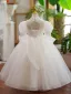 Charming White Beading Pearl Sequins Birthday Flower Girl Dresses 2023 Ball Gown High Neck Puffy Short Sleeve Backless Floor-Length / Long