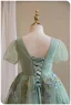 Chic / Beautiful Sage Green Lace Flower Birthday Flower Girl Dresses 2024 A-Line / Princess V-Neck Short Sleeve Backless Floor-Length / Long Tulle