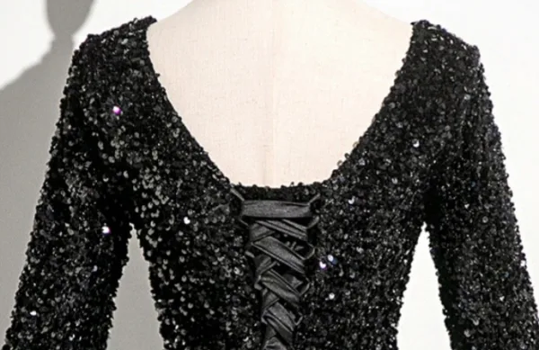 Vintage / Retro Black Beading Sequins Satin Prom Dresses 2025 Ball Gown V-Neck 3/4 Sleeve Backless Floor-Length / Long Formal Dresses