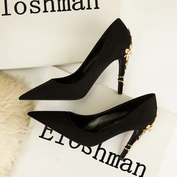 Classic Gold Prom Pumps 2022 Metal Flower Rhinestone 10 cm Stiletto Heels Pointed Toe Pumps High Heels