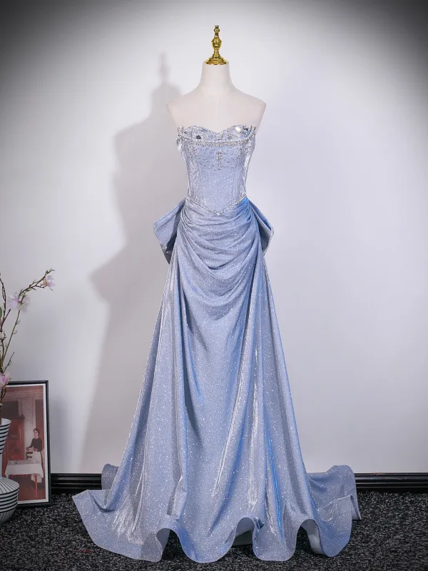 Charmant Bling Bling Bleu Ciel Perlage Faux Diamant Robe De Bal 2026 Princesse De l'épaule Manches Courtes Dos Nu Noeud Train De Balayage Robe De Ceremonie