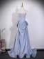 Charmant Bling Bling Bleu Ciel Perlage Faux Diamant Robe De Bal 2026 Princesse De l'épaule Manches Courtes Dos Nu Noeud Train De Balayage Robe De Ceremonie