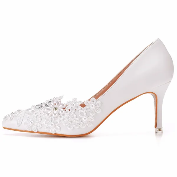 Elegant White Lace Flower Wedding Shoes 2022 Pearl Rhinestone 7 cm Stiletto Heels Pointed Toe Wedding Pumps High Heels