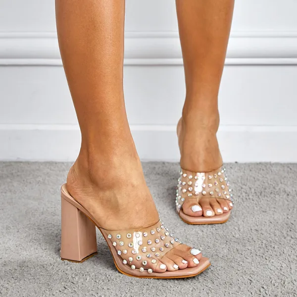 Transparent Beige Plage Vêtement de rue Faux Diamant Sandales Femme 2022 10 cm Talons Épais Peep Toes / Bout Ouvert Sandales Talons Hauts