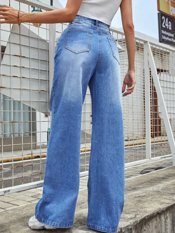 Fashion Ripped Sky Blue Women Straight Loose Jeans 2021 Cotton Pants Street Wear Bottoms
