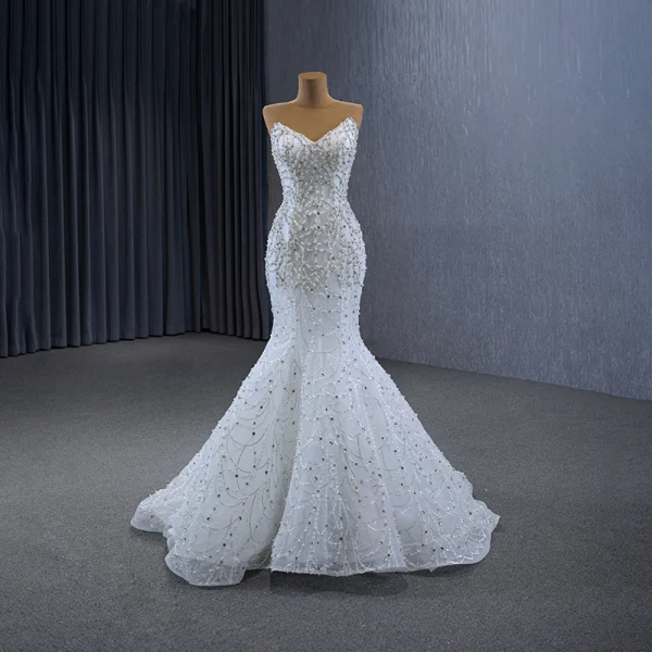 Occidental Blanche Fait main Perlage Perle Paillettes Robe De Mariée 2024 Trompette / Sirène Bustier Sans Manches Dos Nu Tribunal Train