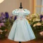 Lovely Sky Blue Birthday Flower Girl Dresses 2022 Ball Gown Square Neckline Puffy Short Sleeve Beading Appliques Pearl Rhinestone Floor-Length / Long Flower Girl Dresses