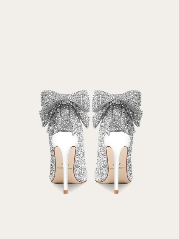 Sparkly Silver Sequins Bow Wedding Shoes 2024 10 cm Stiletto Heels Leather Pointed Toe Wedding Pumps High Heels