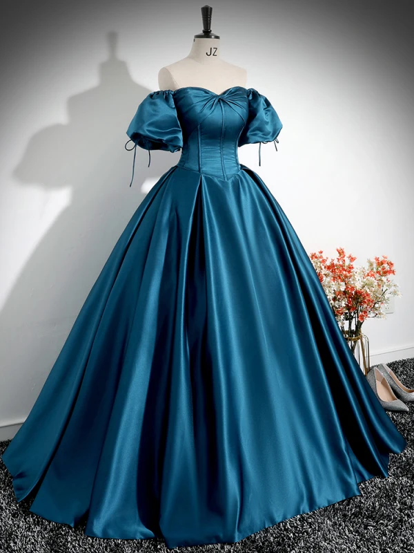 Vintage / Retro Ink Blue Satin Prom Dresses 2024 Ball Gown Off-The-Shoulder Puffy Short Sleeve Backless Floor-Length / Long Prom Formal Dresses