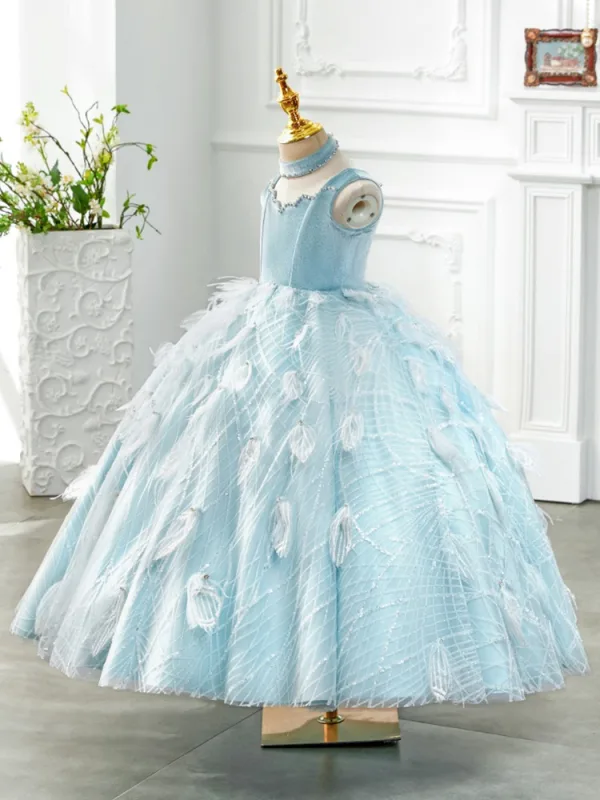 Elegant Sky Blue Beading Sequins Tassel Birthday Flower Girl Dresses 2024 Ball Gown Square Neckline Sleeveless Backless Floor-Length / Long