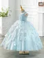 Elegant Sky Blue Beading Sequins Tassel Birthday Flower Girl Dresses 2024 Ball Gown Square Neckline Sleeveless Backless Floor-Length / Long