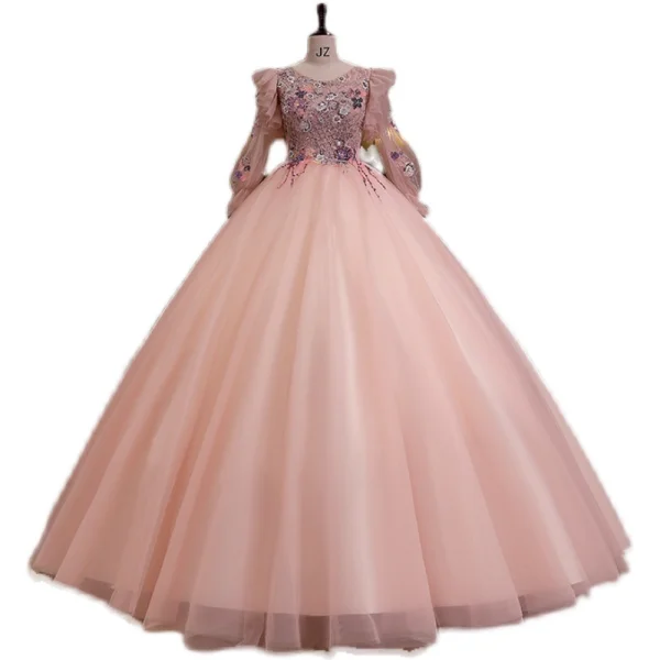 Élégant Rougissant Rose Perlage Paillettes En Dentelle Fleur Robe De Bal 2022 Robe Boule Encolure Dégagée Manches Longues Dos Nu Longue Robe De Ceremonie