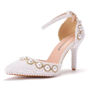 Elegancka Białe Perła Buty Ślubne 2022 Z Paskiem Rhinestone 9 Cm Szpilki Szpiczaste Buty Ślubne Wysokie Obcasy
