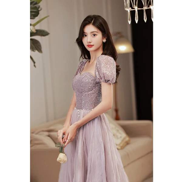 Chic / Beautiful Lilac Sequins Prom Dresses 2022 A-Line / Princess Strapless Puffy Short Sleeve Backless Floor-Length / Long Prom Formal Dresses
