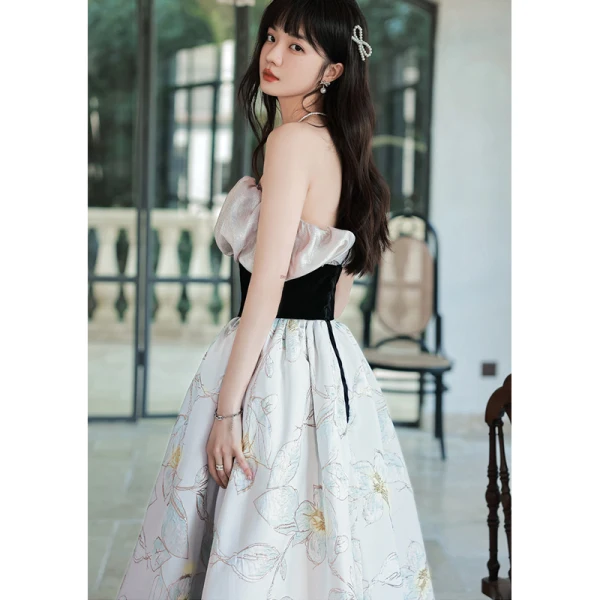 Charming Grey Floral Evening Dresses 2022 A-Line / Princess Off-The-Shoulder Sleeveless Backless Floor-Length / Long Evening Party Formal Dresses